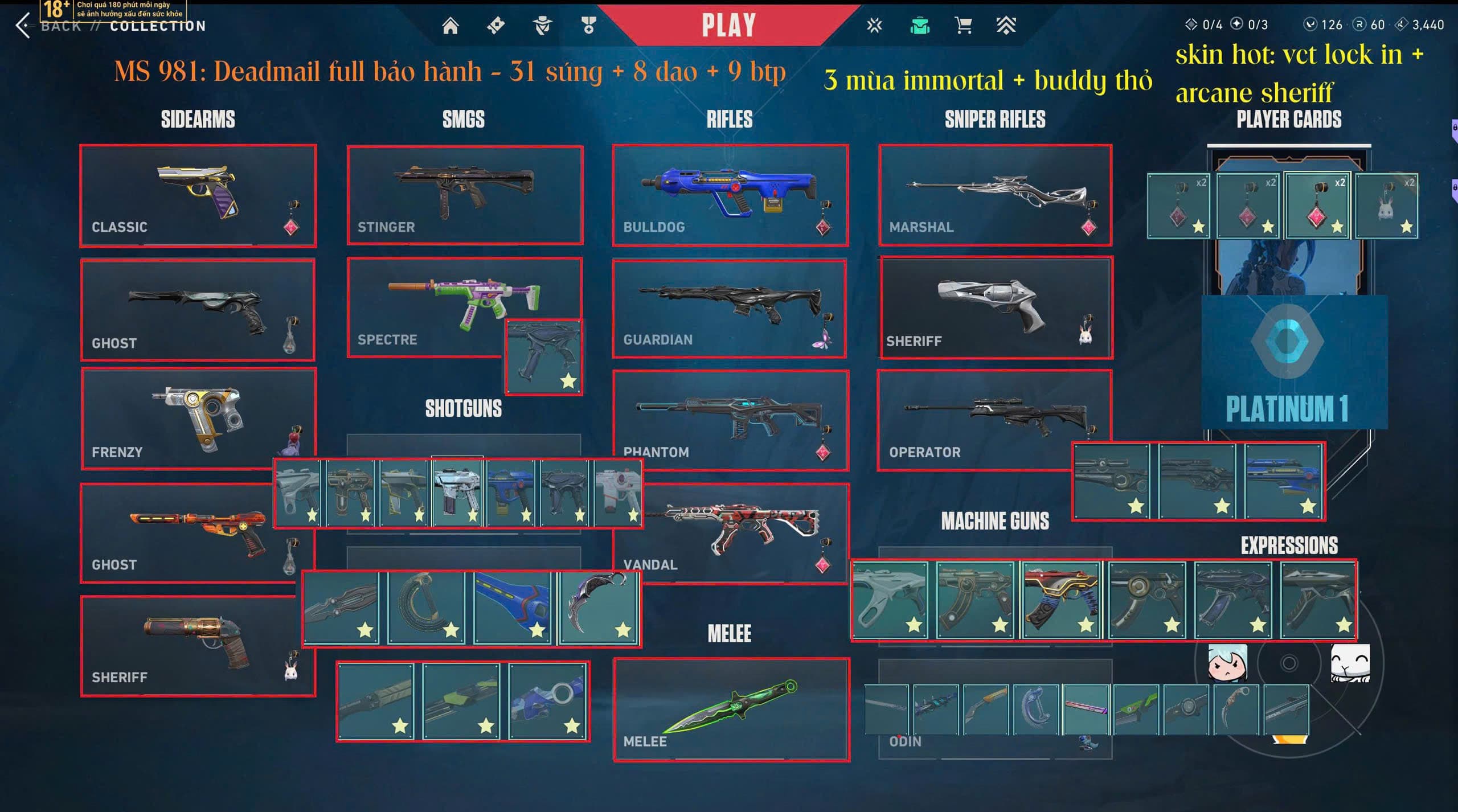 #981 Mua Acc Valorant Mail Bảo Hành - 31 súng 8 dao - Vandal Glitchpop, Dao VCT Lockin siêu hiếm