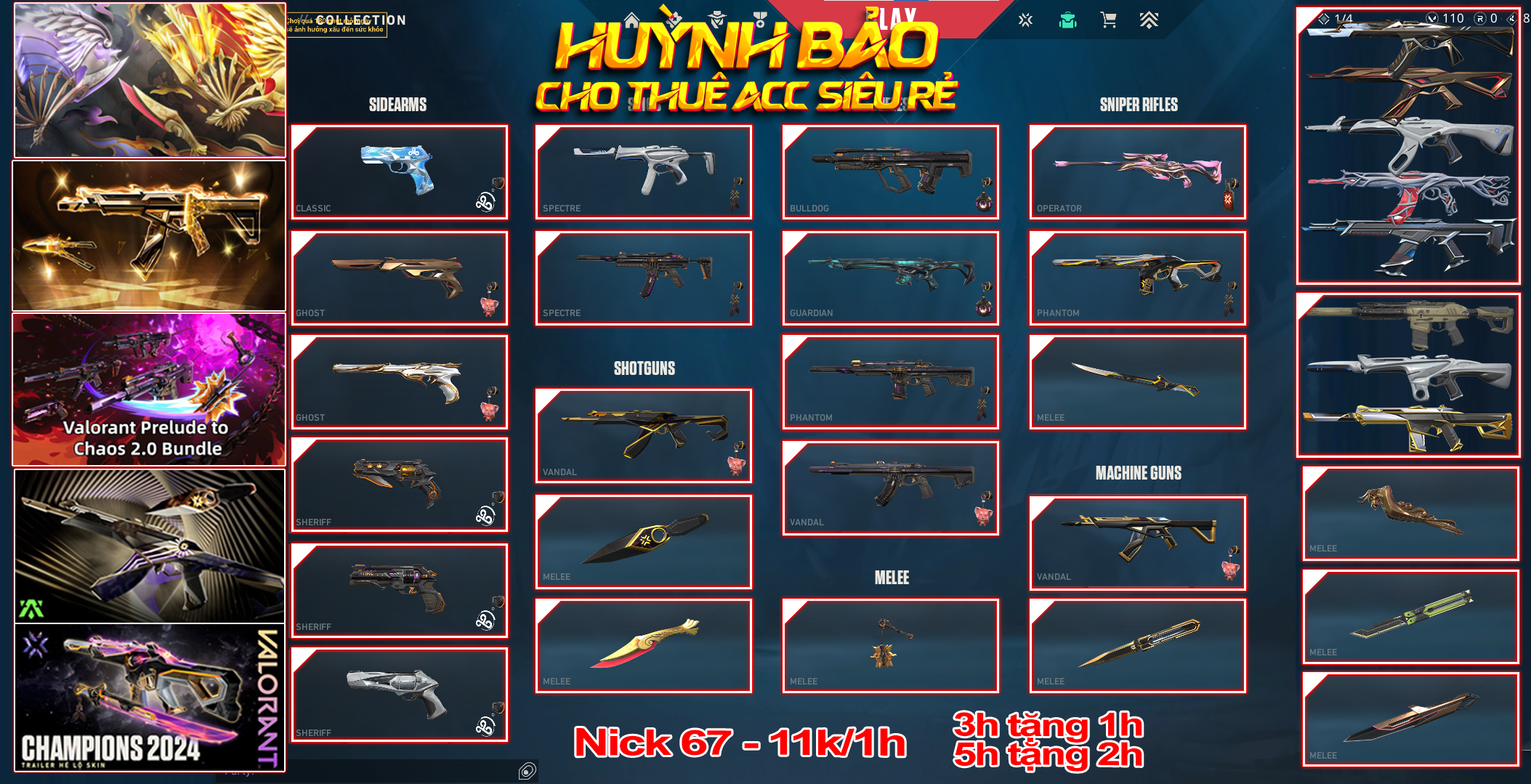 Thuê Account 67 - Thuê Nick Valorant - 99+ Skin - Chaos 2.0/Champ 23 25/ Iginte....