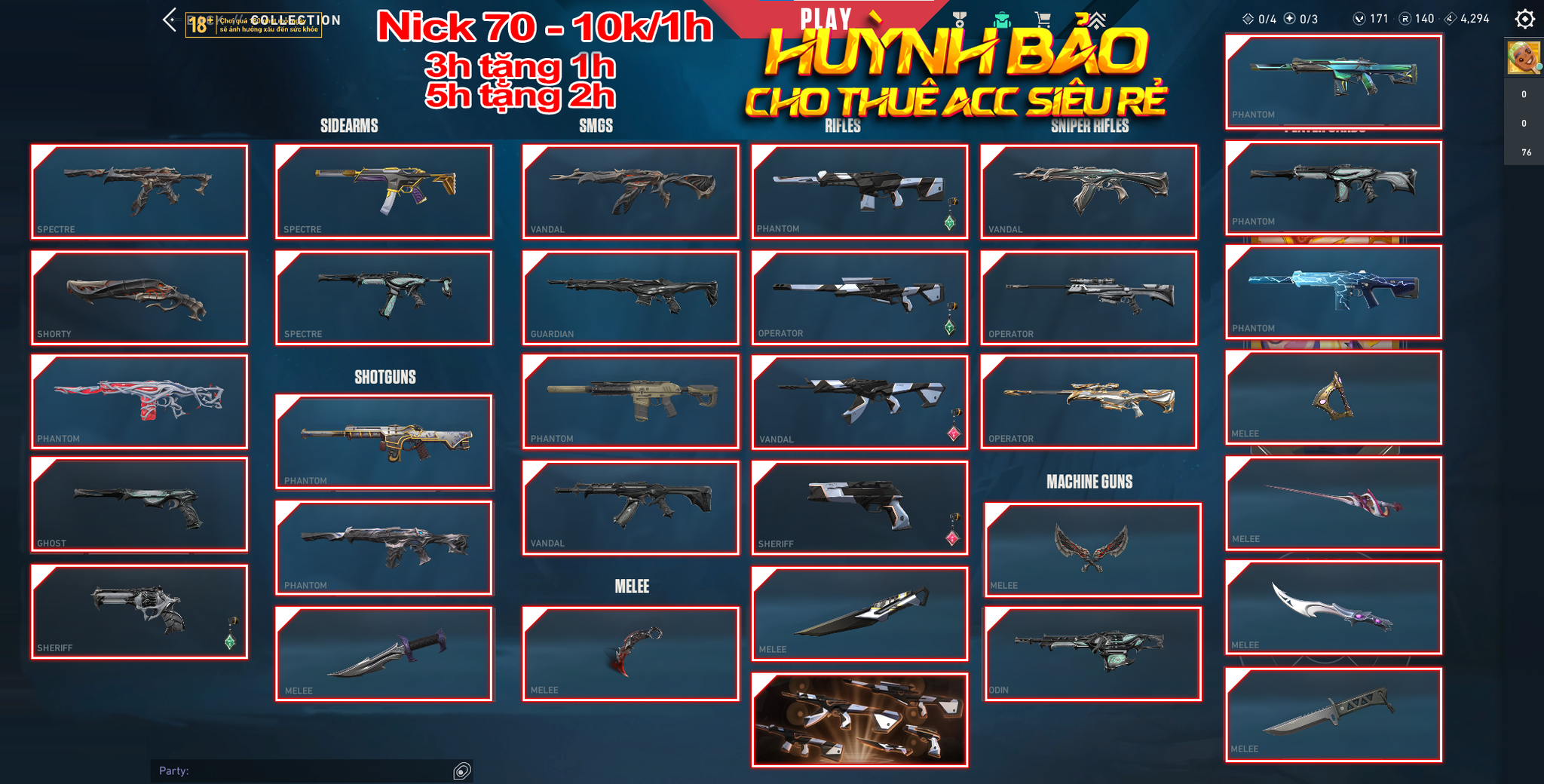 Thuê Account 70 - Thuê Valorant - 99+ Skin - Bundle Ora/ Reaver 1.0-2.0/ Primodium