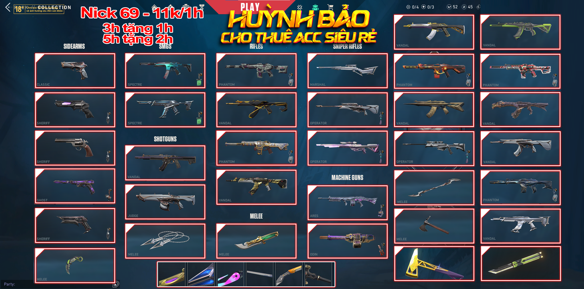 Thuê Account 69 - Thuê Valorant - 99+ Skin - Champ 21/5years/ Divengence/ Neo