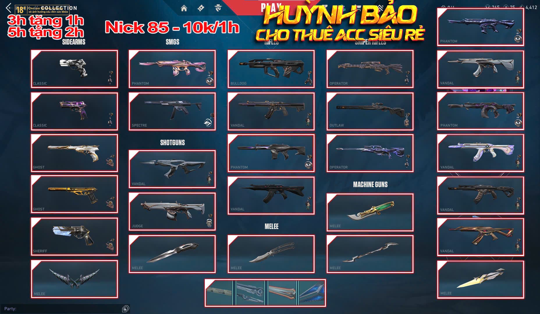 Thuê Account 85 - Thuê Valorant - 99+ Skin - 5years/ Divengence/ Phaseguard/Helix