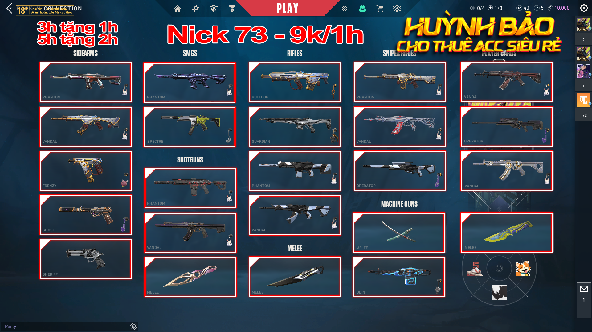 Thuê Account 73 - Thuê Nick Valorant - 99+Skin - ORA/ Mystbloom/ Gaia