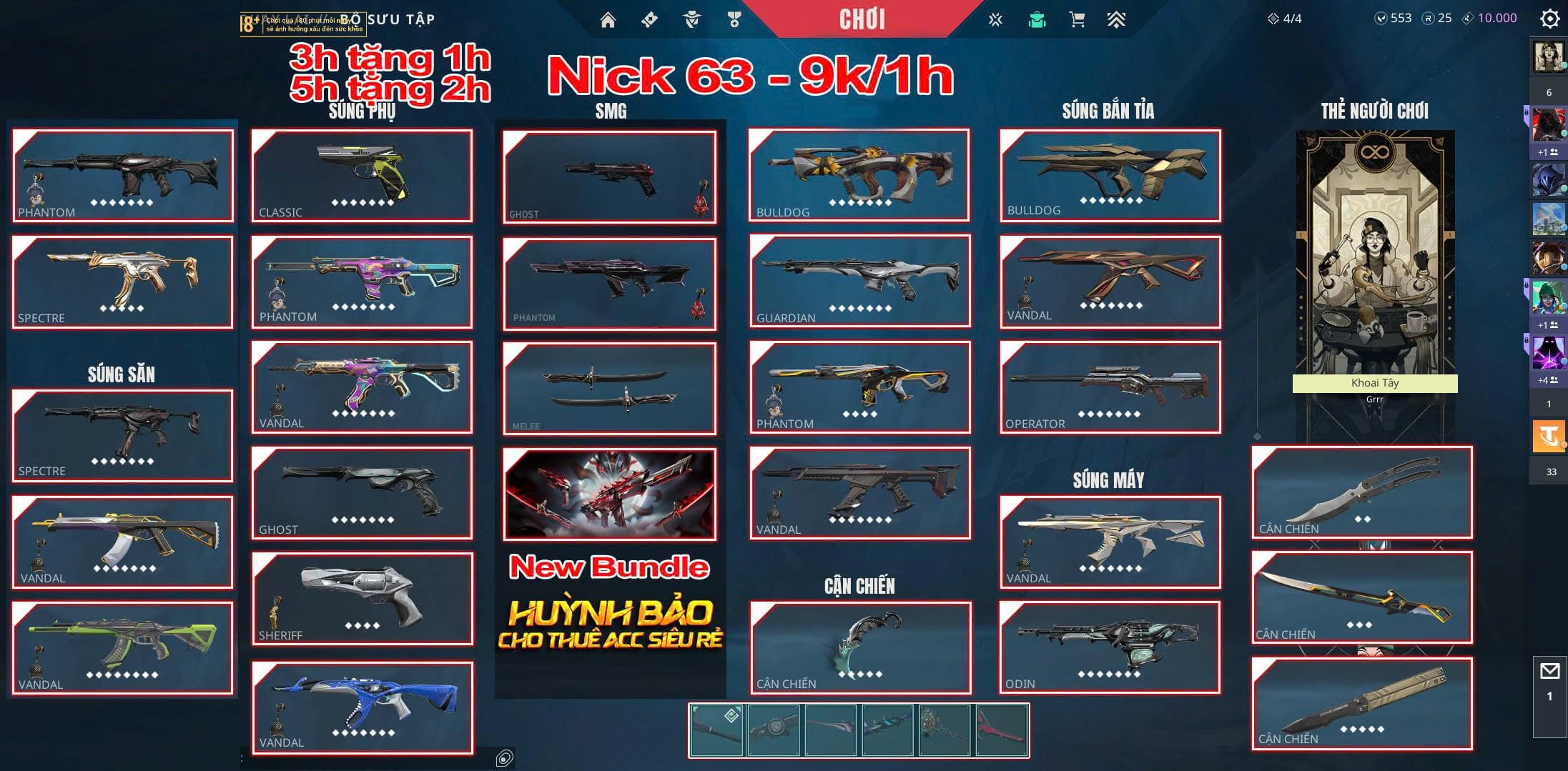 Thuê Account 63 - Thuê Nick Valorant - 99+ Skin - Champion 24/Ayakashi....